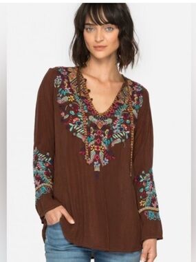 Johnny Was Sheesoh Embroidered Chiffon Tunic Brown Boho Top XXL